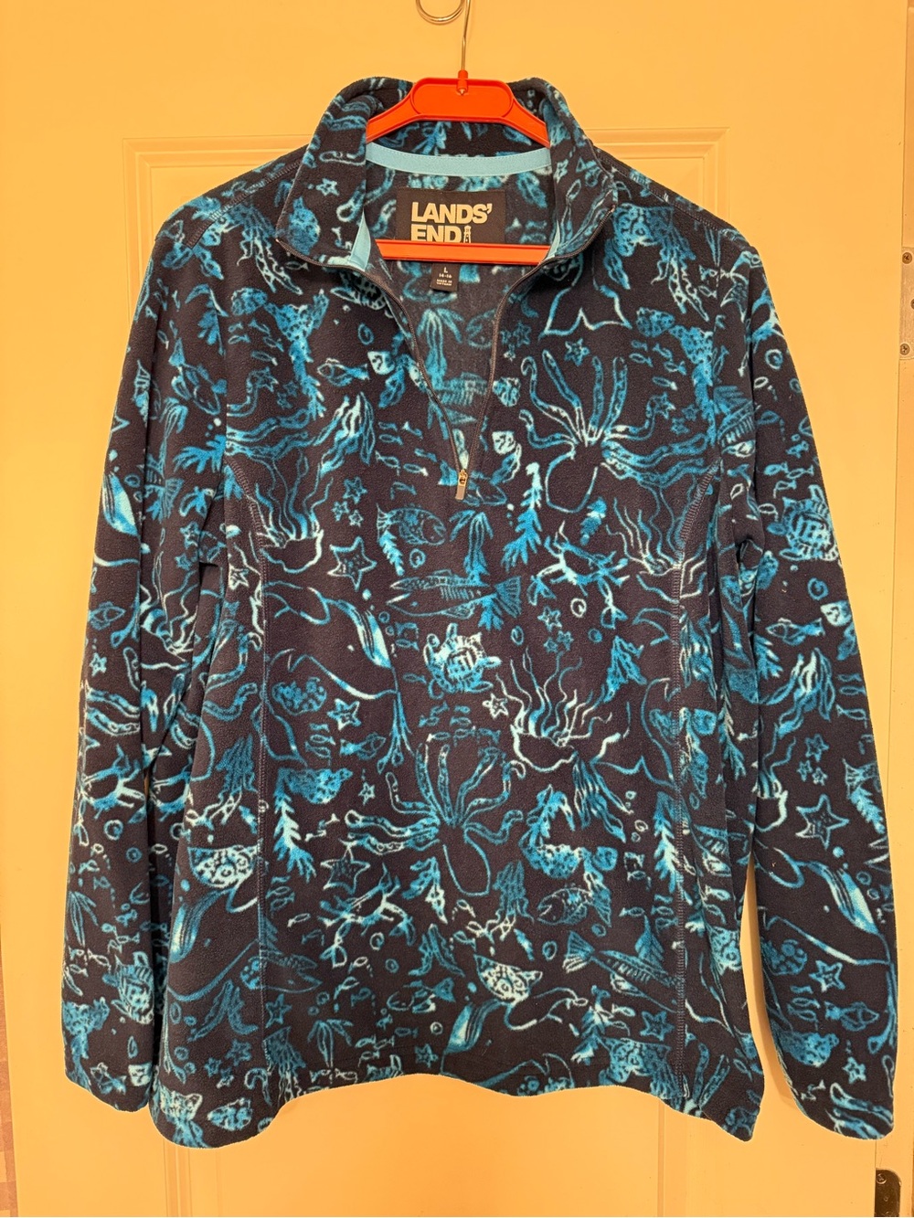 Lands' End Women’s L Blue/Black Sea Life Octopus 1/4 Zip Fleece Pullover